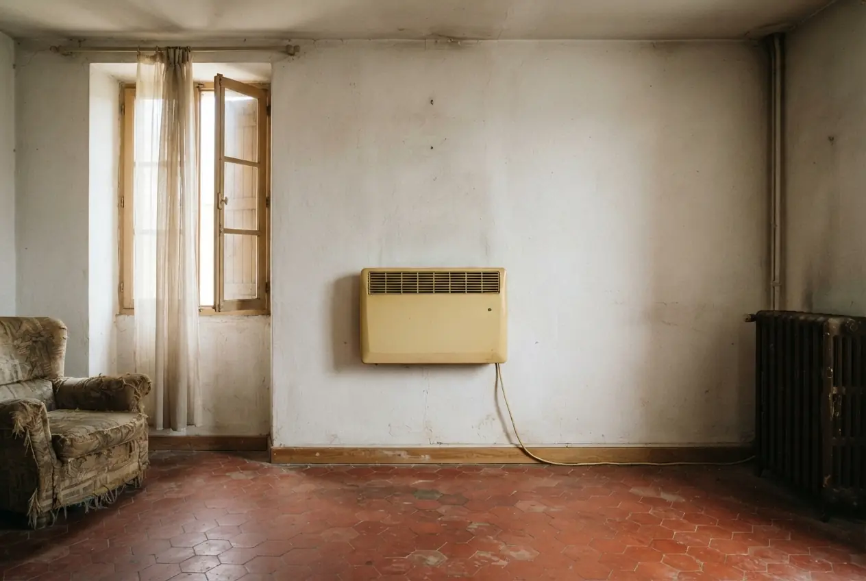 Ancien convecteur électrique dans salon avant travaux