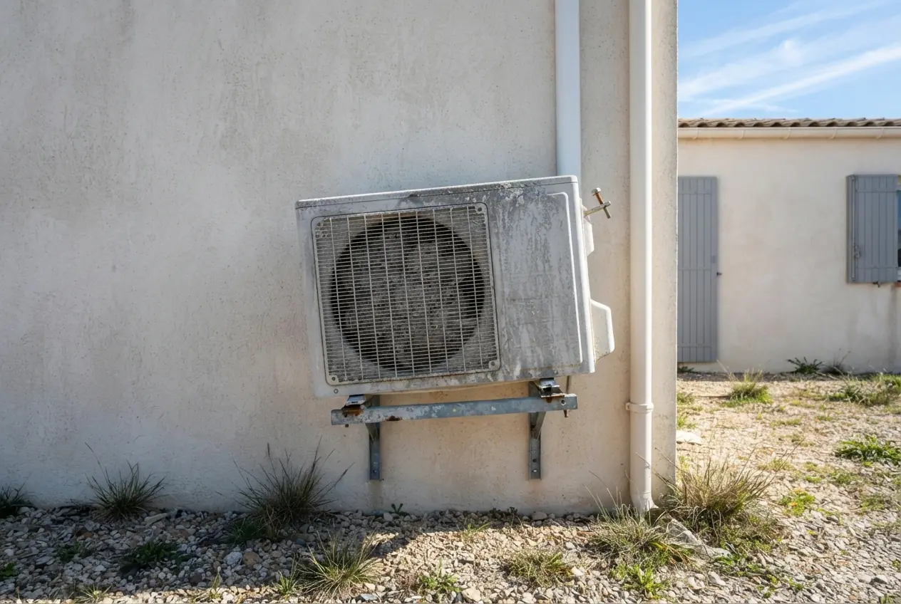 Unité extérieure de climatisation encrassée par le vent à Port-Saint-Louis-du-Rhône