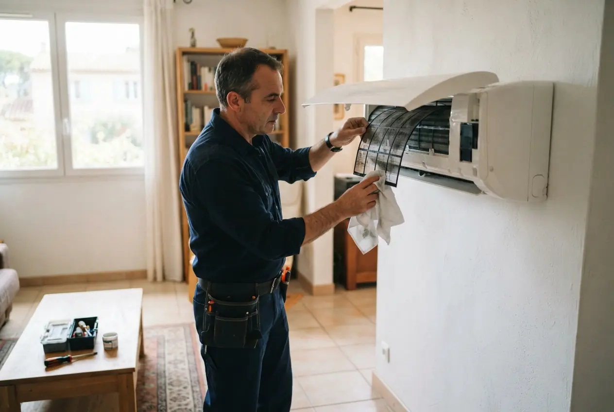 Technicien nettoyant un filtre de climatisation à Arles