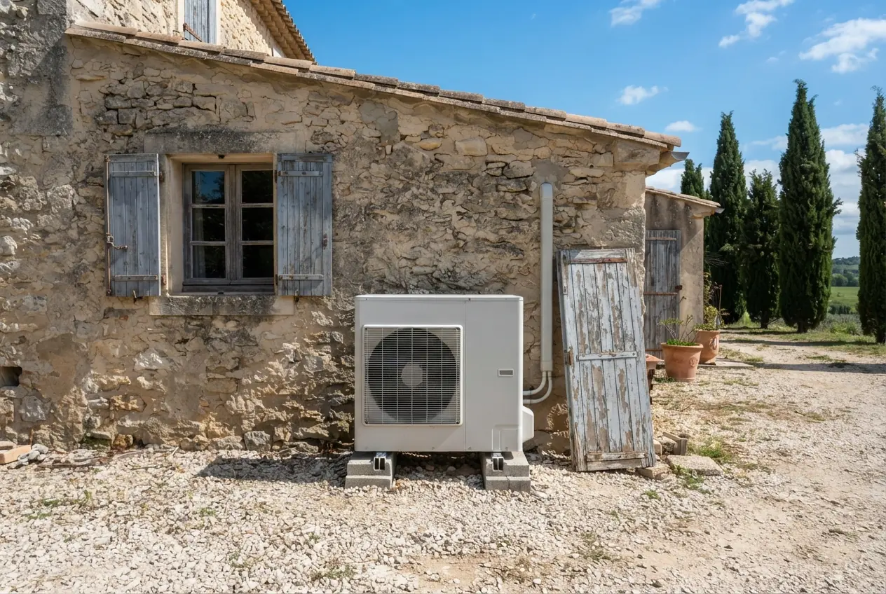 Pompe à chaleur air-eau installée près d'un mas à Arles